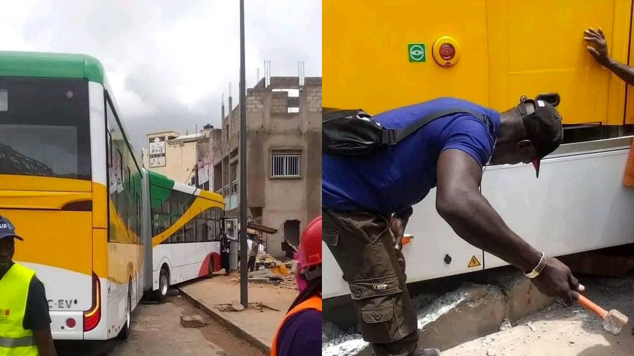 Accident lors des tests du Bus Rapid Transit (BRT) à Dakar, impliquant une collision entre un bus du BRT et une voiture particulière