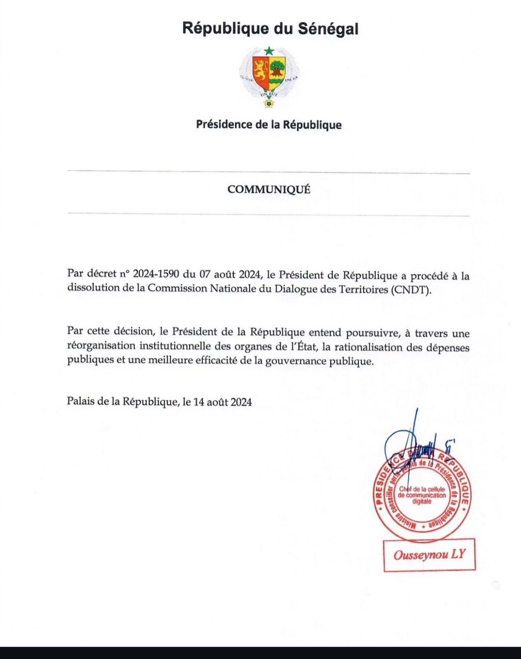 Dissolution de la Commission Nationale du Dialogue des Territoires