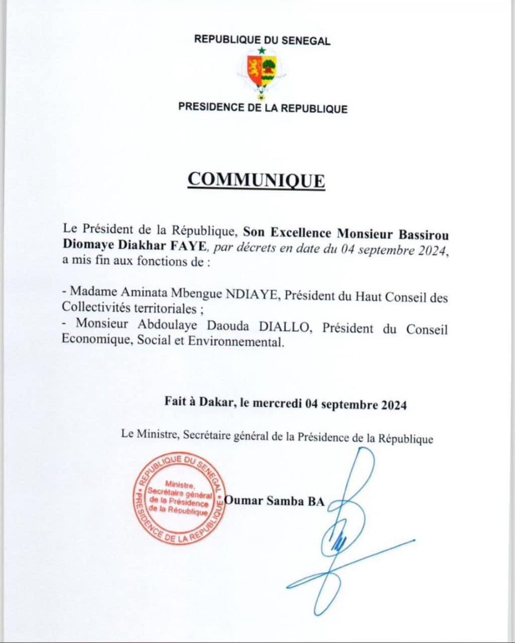 Fin de fonctions pour Abdoulaye Daouda Diallo et Aminata Mbengue Ndiaye : Décrets présidentiels du 4 août 2024