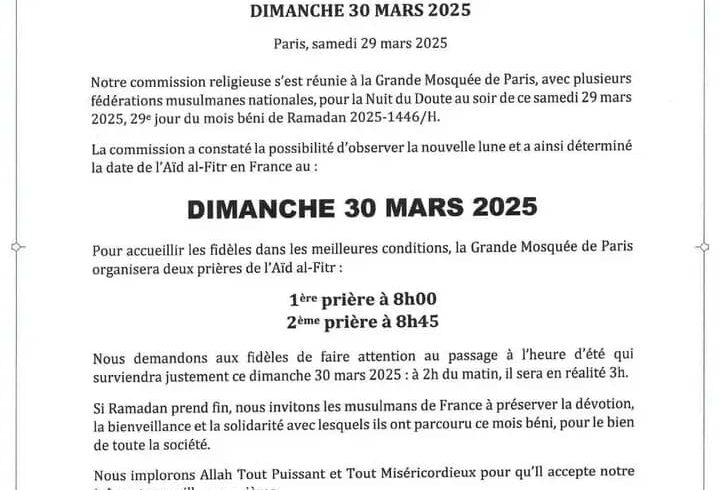 FRANCE : L’Aïd al-Fitr CÉLÉBRÉ LE 30 MARS 2025