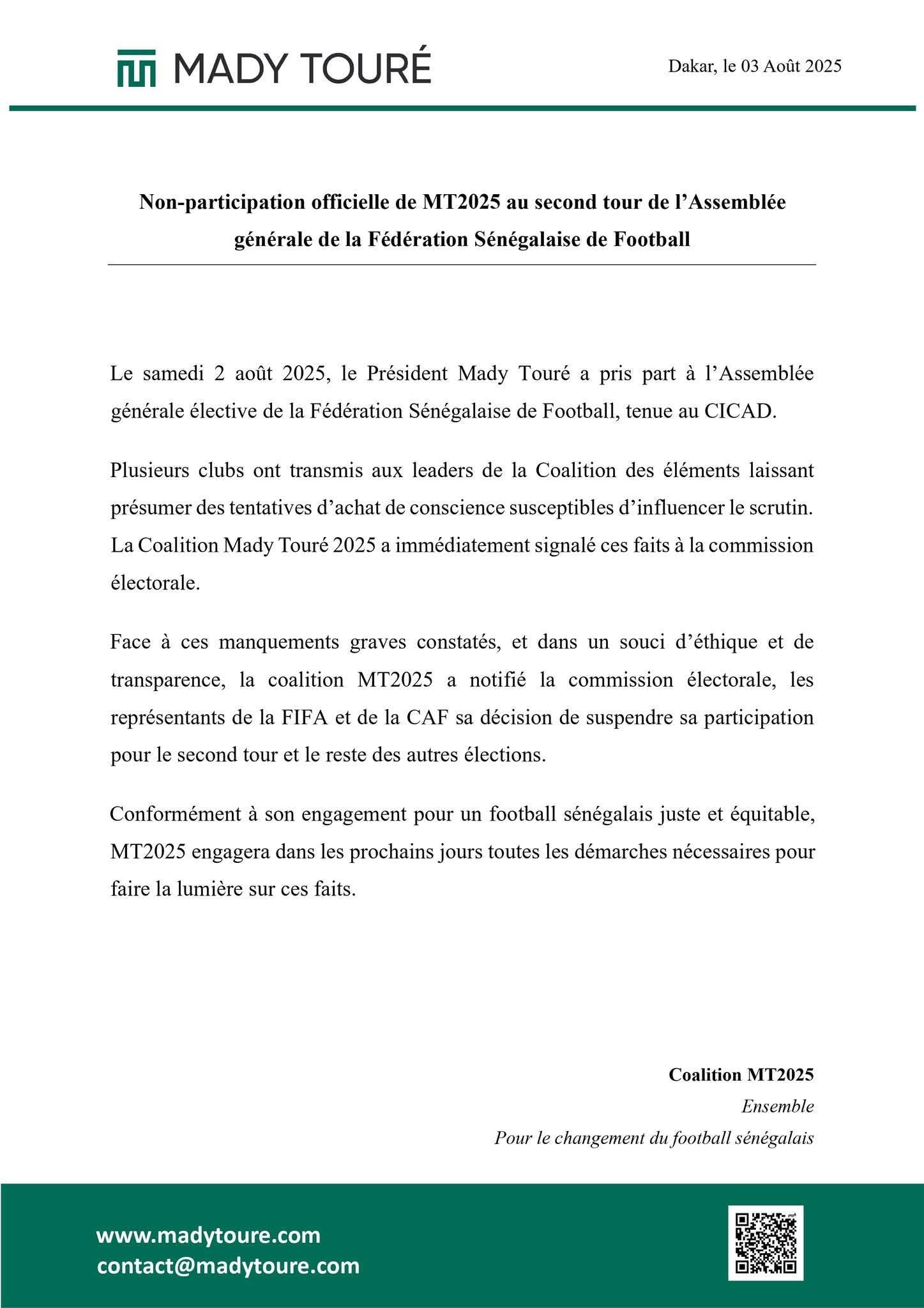 MADY TOURÉ SE RETIRE DU SECOND TOUR ET DÉNONCE LA TRANSPARENCE DU SCRUTIN