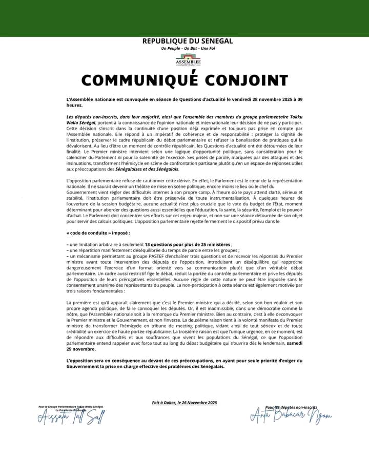 DÉPÊCHE : BOYCOTT DES QUESTIONS D’ ACTUALITÉ PAR LES DÉPUTÉS NON-INSCRITS ET TAKKU WALLY