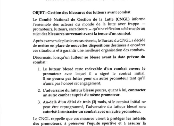 LUTTE : LE CNG DIT STOP AUX BLESSURES ET AUX RETARDS, DES MESURES SÉVÈRES PRISES !