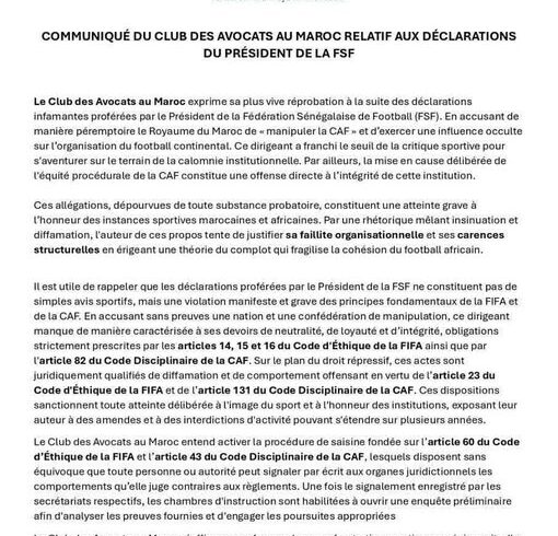 COMMUNIQUÉ DU CLUB DES AVOCATS AU MAROC RELATIF AUX DÉCLARATIONS DU PRÉSIDENT DE LA FSF